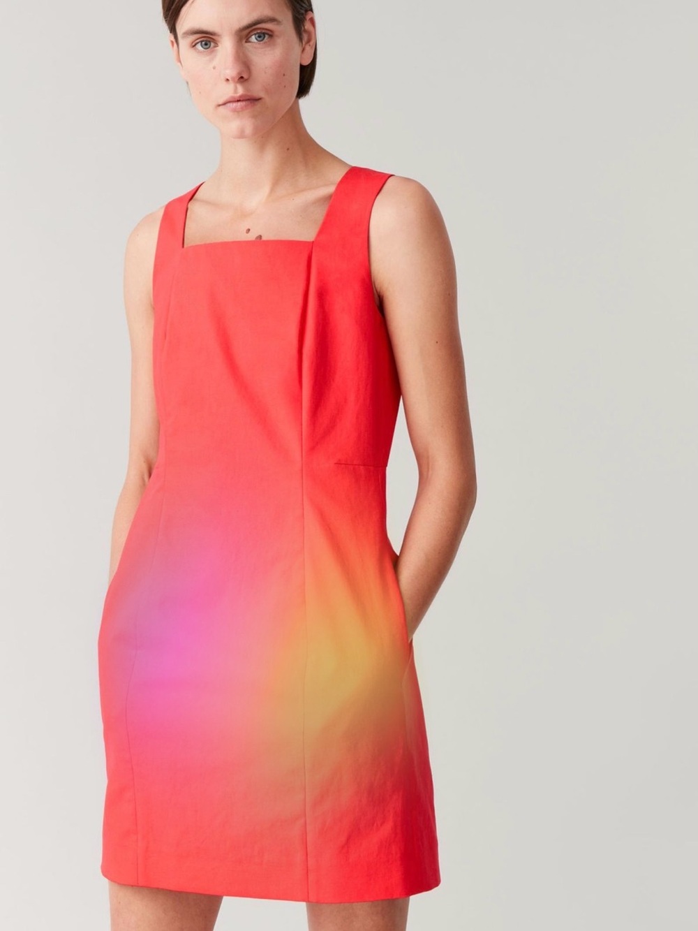 COS New With Tags Red Cotton Linen Blend Square Neck Sheath Dress Pockets